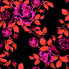 neon pink flowers with red vines on a black background